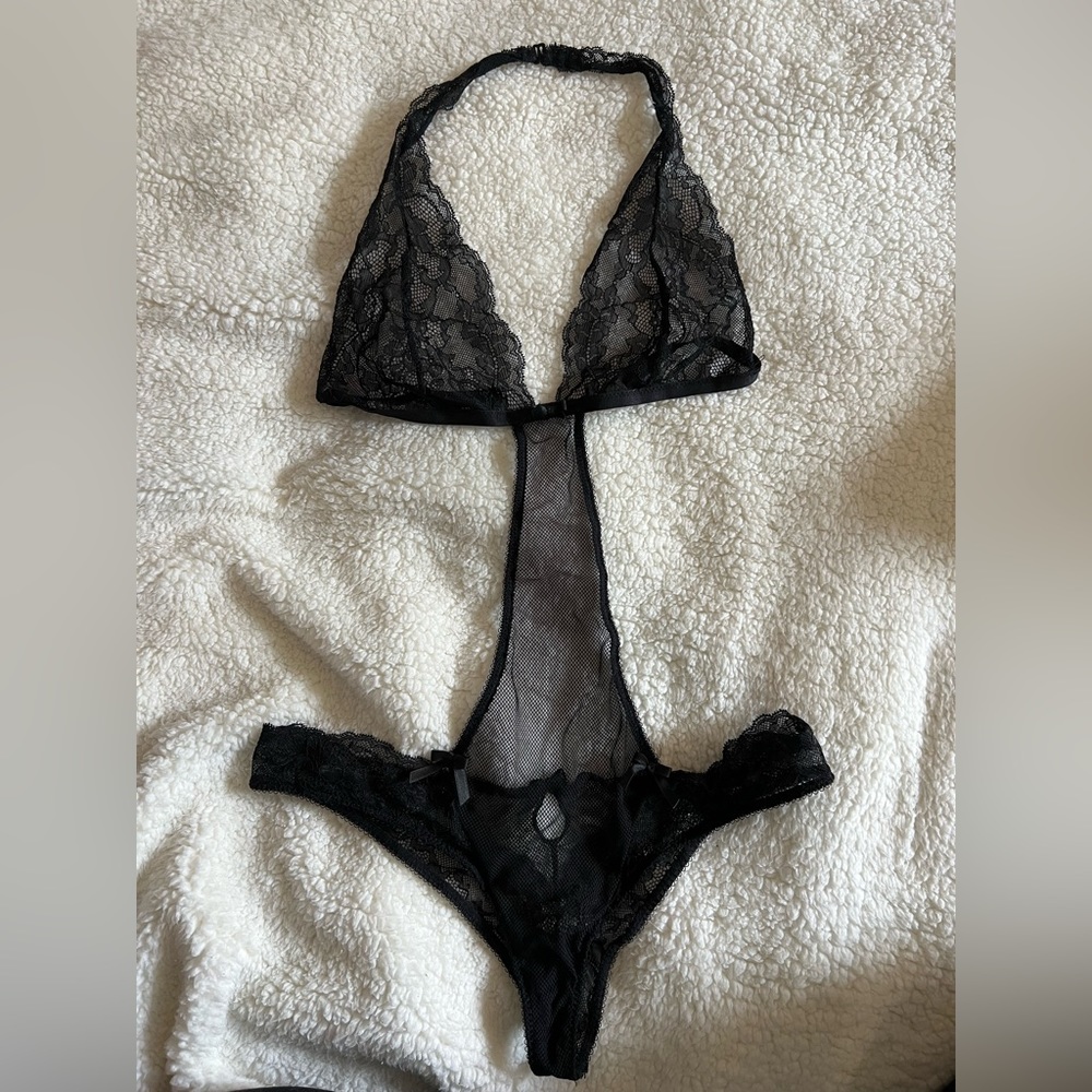 Black lace/fishnet lingerie one piece